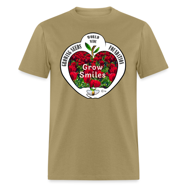 T-shirt - Growing Seeds Worldwide - Grow Smiles (Unisex) - khaki