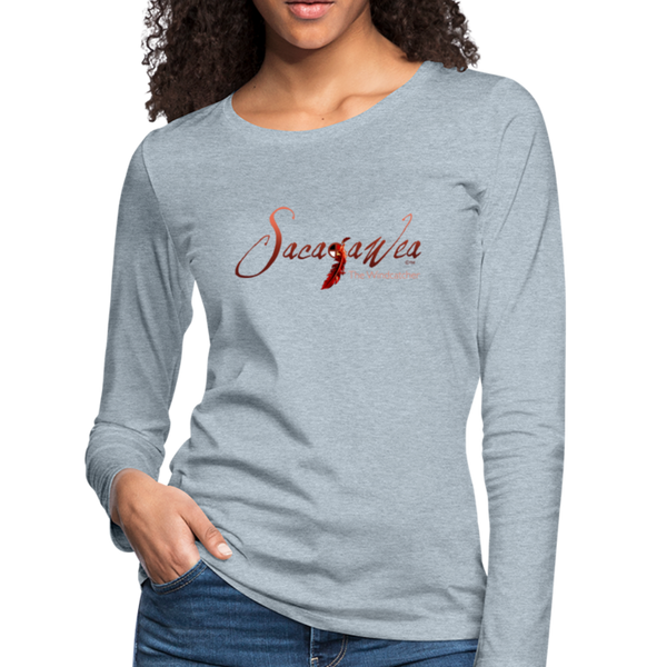T-Shirt - Sacajawea, The Windcatcher Red Logo (Women's Long Sleeve) - heather ice blue