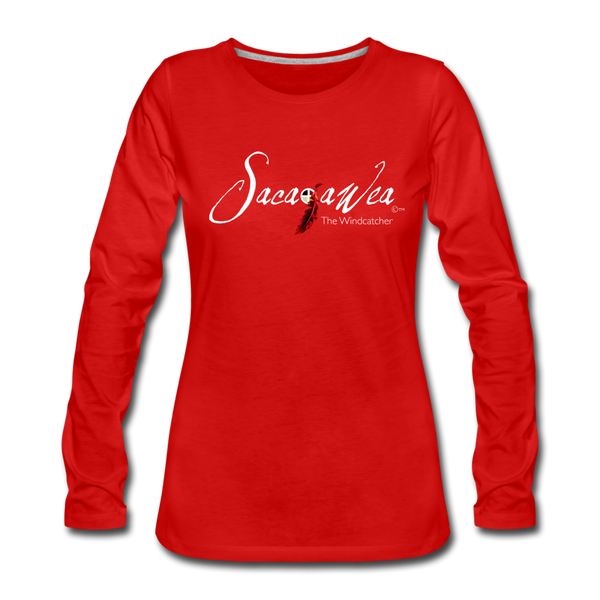 T-Shirt - Sacajawea, The Windcatcher White Logo (Women's Long Sleeve) - red