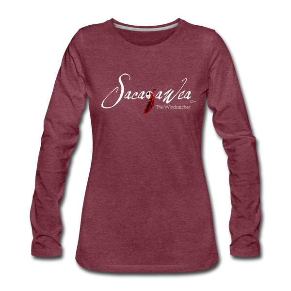 T-Shirt - Sacajawea, The Windcatcher White Logo (Women's Long Sleeve) - heather burgundy