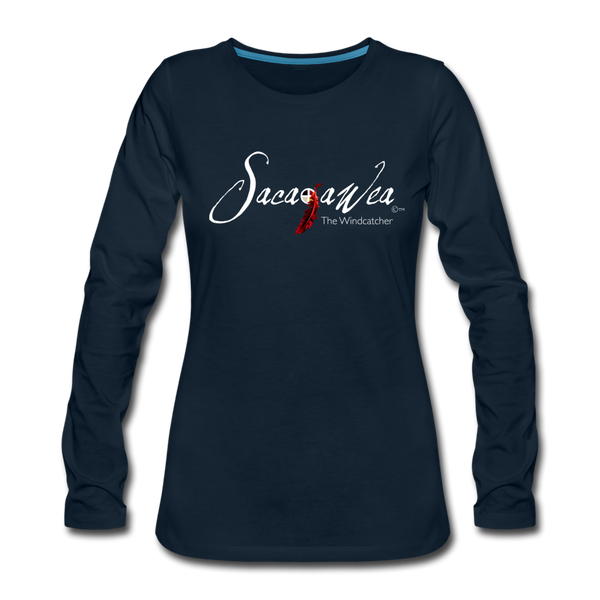 T-Shirt - Sacajawea, The Windcatcher White Logo (Women's Long Sleeve) - deep navy