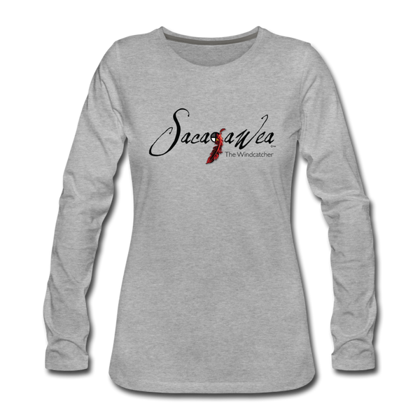 T-Shirt - Sacajawea, The Windcatcher Black Logo (Women's Long Sleeve) - heather gray