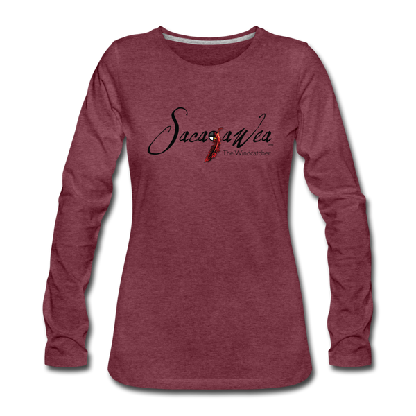 T-Shirt - Sacajawea, The Windcatcher Black Logo (Women's Long Sleeve) - heather burgundy